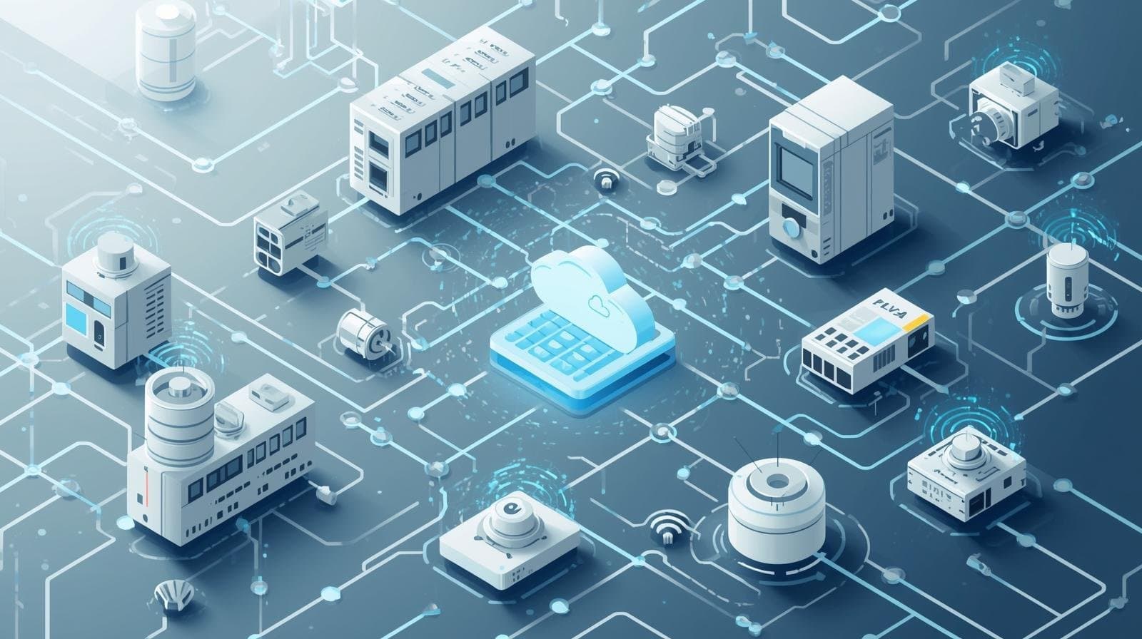 An illustration of an IoT network with PLCs and sensors.